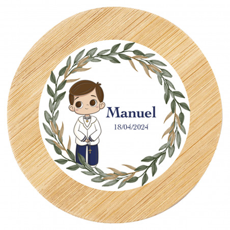 Espelho de madeira com adesivo de comunhão personalizado em bolsa de organza para presentear