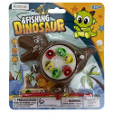 Dinossauros de brinquedo e jogo de pesca apresentados em uma bolsa de pano com adesivo personalizável em uma etiqueta de madeira