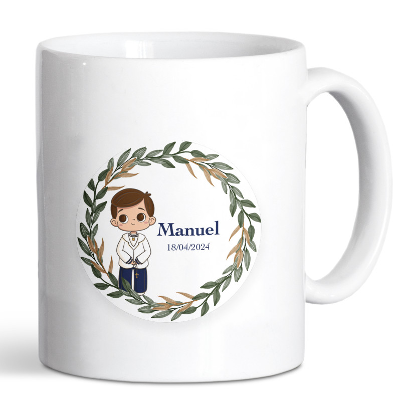 Caneca personalizada para presente de comunhão de menino