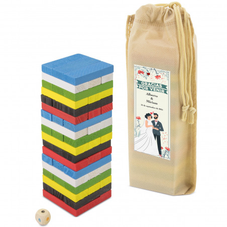 Jenga colorido com bolsa e adesivo personalizado