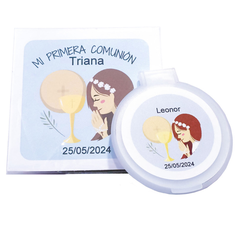 Espelho personalizado para comunhão com bolsa transparente e cartão personalizado