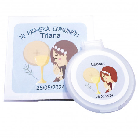 Espelho personalizado para comunhão com saco transparente e cartão personalizado