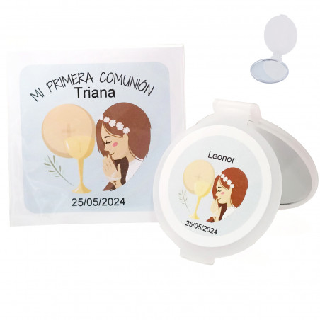 Espelho personalizado para comunhão com bolsa transparente e cartão personalizado