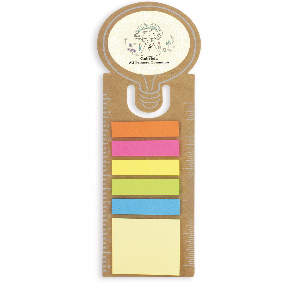Regra de papelão com post-it personalizado com adesivo de comunhão para menina