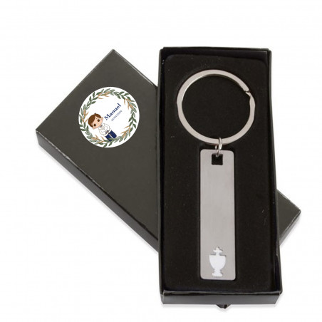 Chaveiro de comunhão em caixa com adesivo personalizado para menino