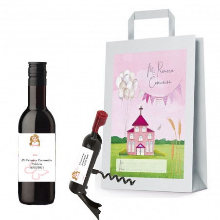 Garrafa de vinho de comunhão com saca rolhas personalizado com adesivos de menina e sacola de presente