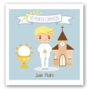 Adesivo de comunhão personalizado para menino com fundo azul claro