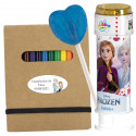 Caderno Frozen e soprador de bolhas com pirulito para lembrancinhas de eventos infantis