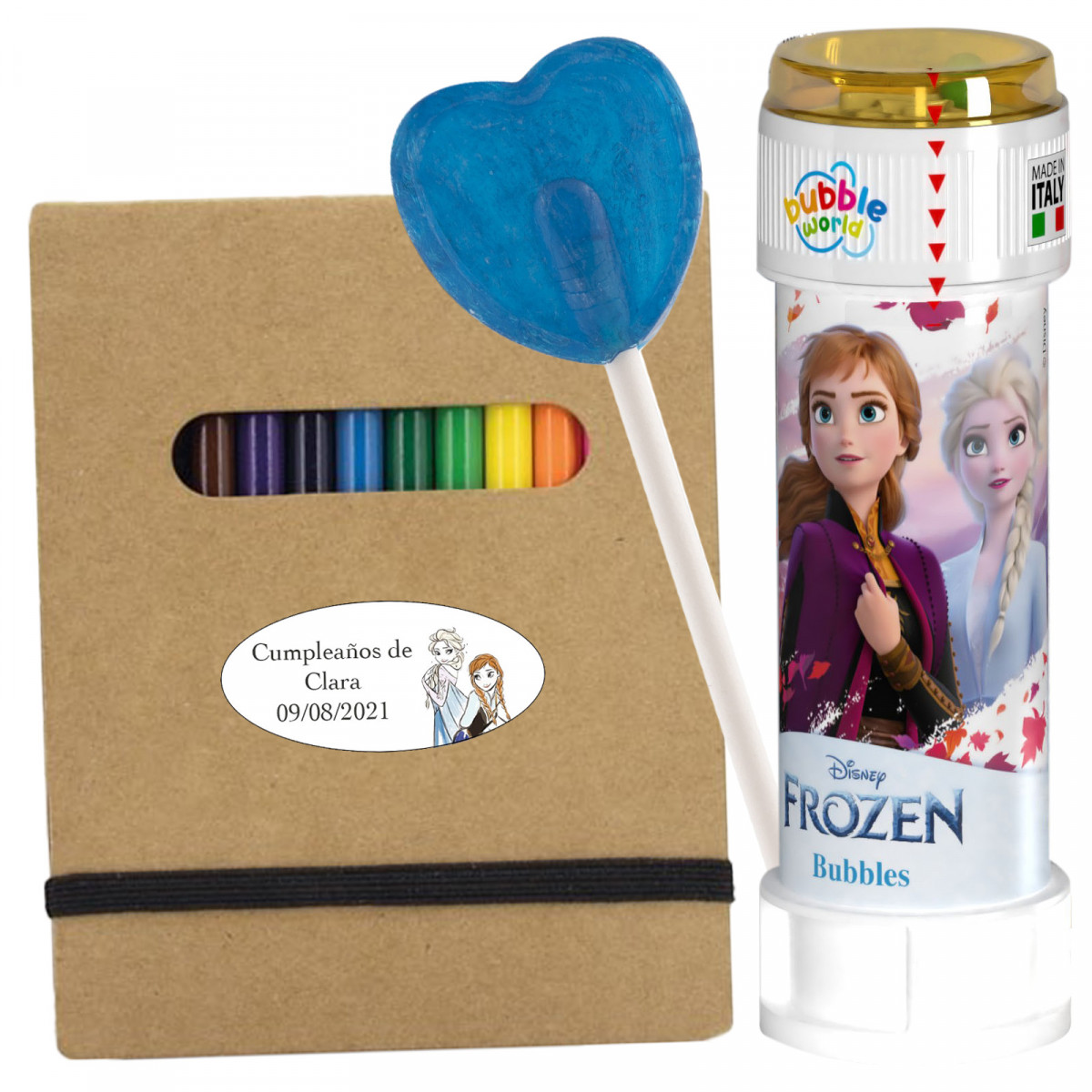 Caderno Frozen e soprador de bolhas com pirulito para lembrancinhas de eventos infantis