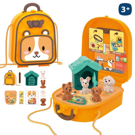 Brinquedos para cachorrinhos em uma sacola com adesivo para presentes infantis