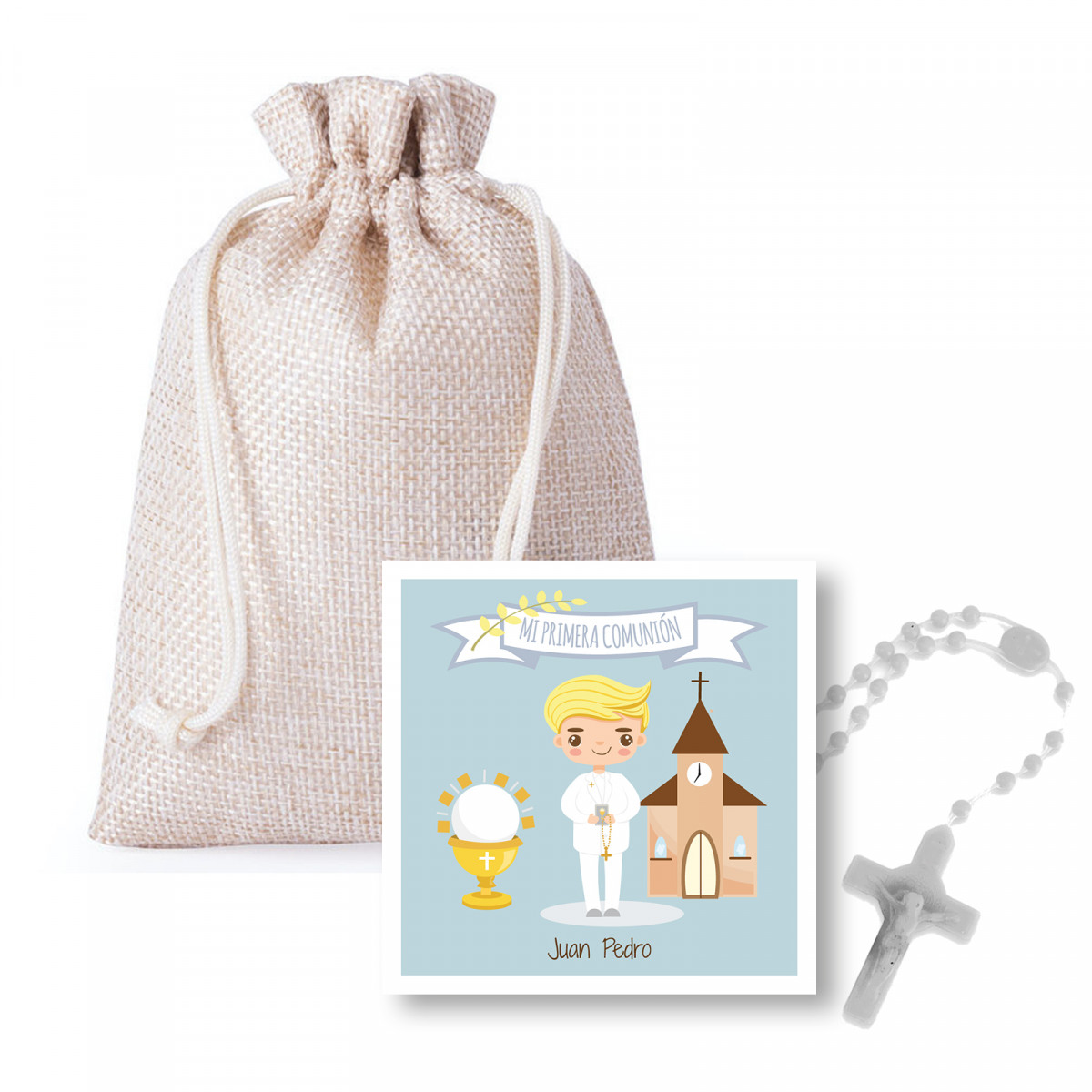 Terço em saco de pano com cartão personalizável para crianças