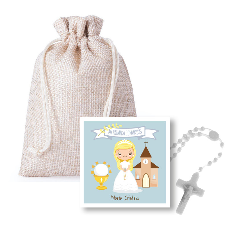 Terço em saco de pano com cartão de comunhão personalizável