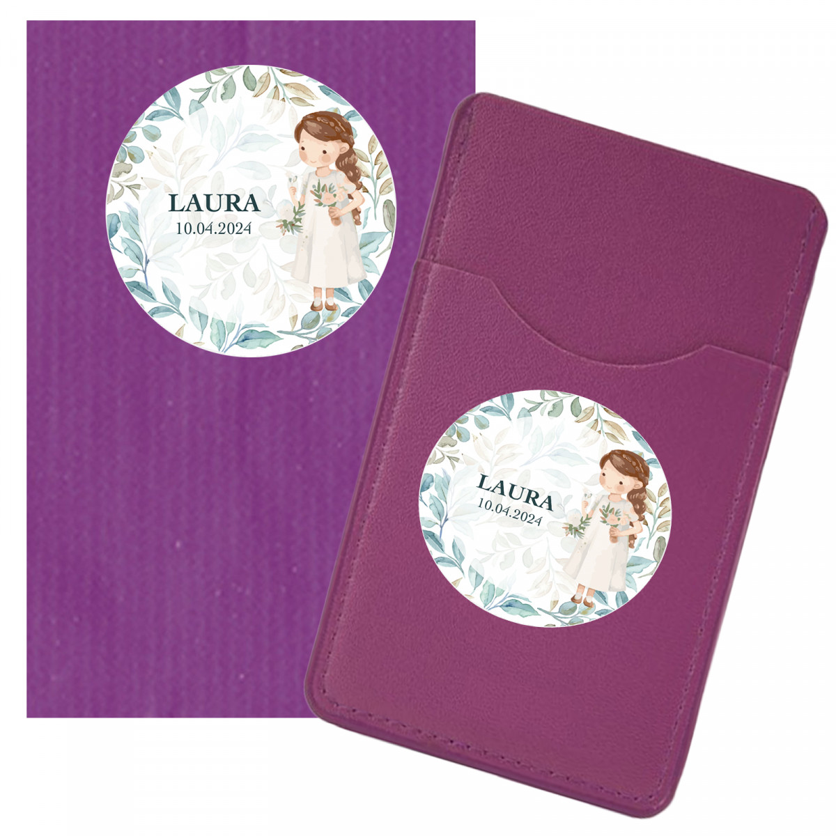 Carteira lilás em envelope para a comunhão de menina com adesivos personalizados