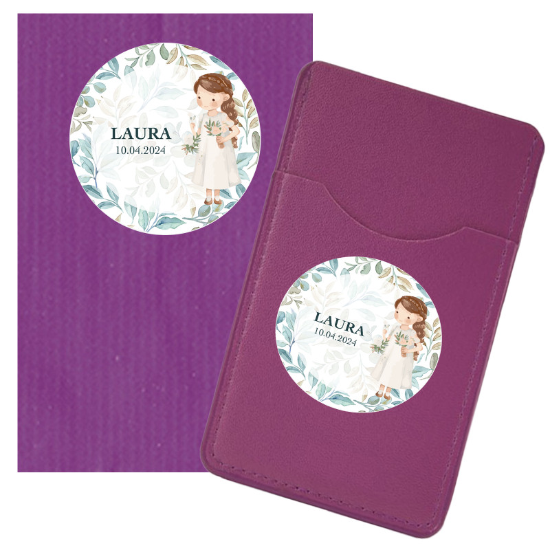 Carteira lilás em envelope para a comunhão de menina com adesivos personalizados