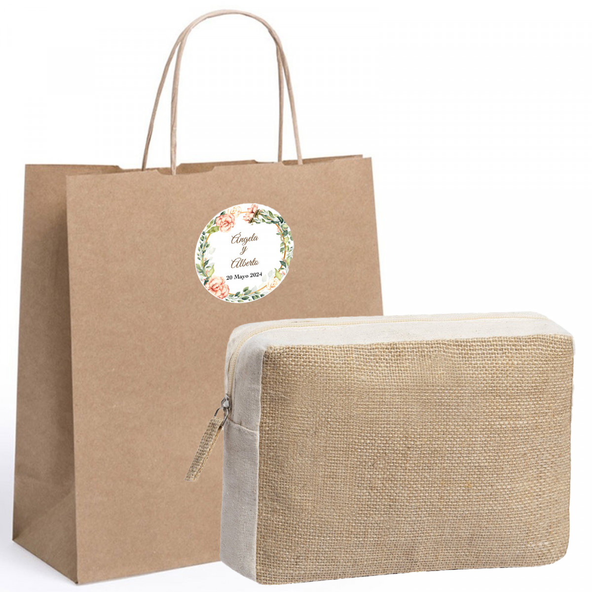 Necessaire de juta em saco kraft com adesivo personalizado