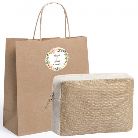 Necessaire de juta em saco kraft com adesivo personalizado