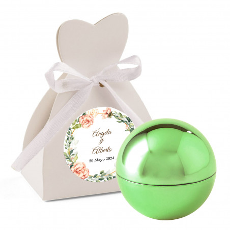 Protetor labial em formato de esfera com caixa personalizada e adesivo