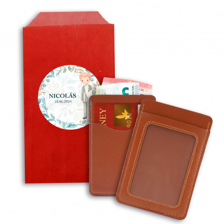 Porta cartão em saco kraft com adesivo de comunhão personalizado para menino
