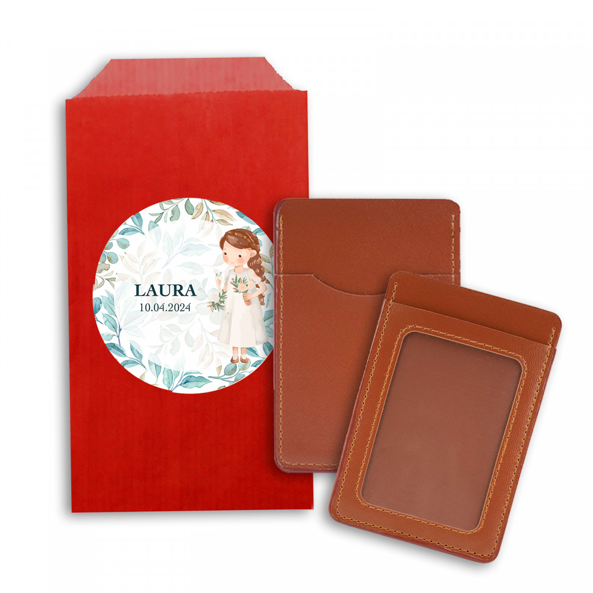 Porta-cartões marrom em saco kraft com adesivo personalizado de comunhão de menina