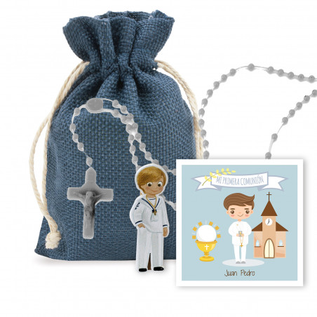 Figura infantil com clipe de comunhão com rosário e cartão personalizável em saco de presente