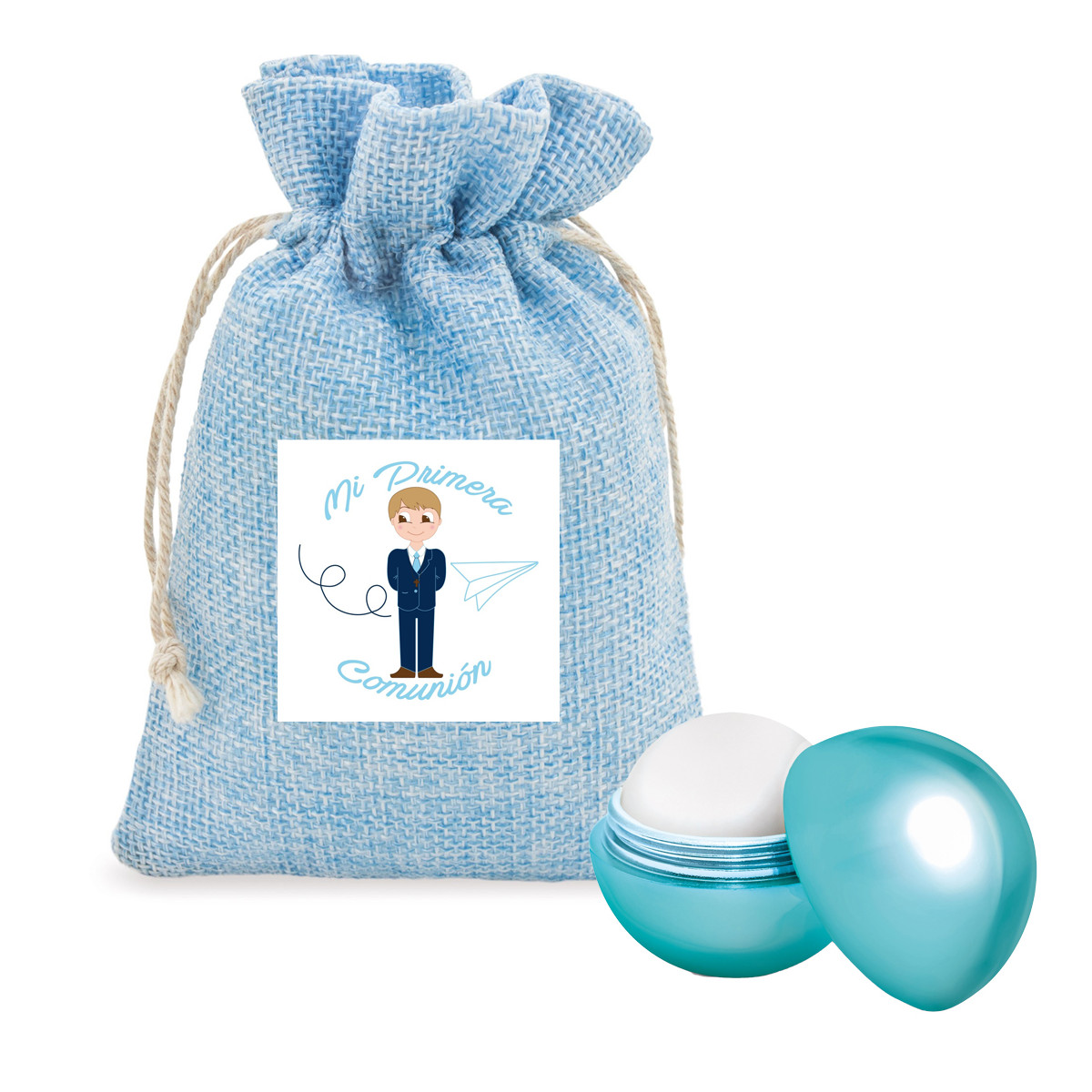 Bálsamo labial com proteção solar em forma de esfera azul apresentado em bolsa rústica com adesivo para detalhes de comunhão