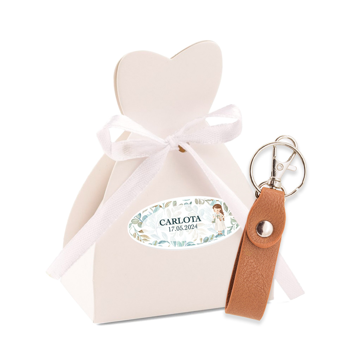 Chaveiro em caixa com adesivo personalizado para detalhes da comunhão da menina