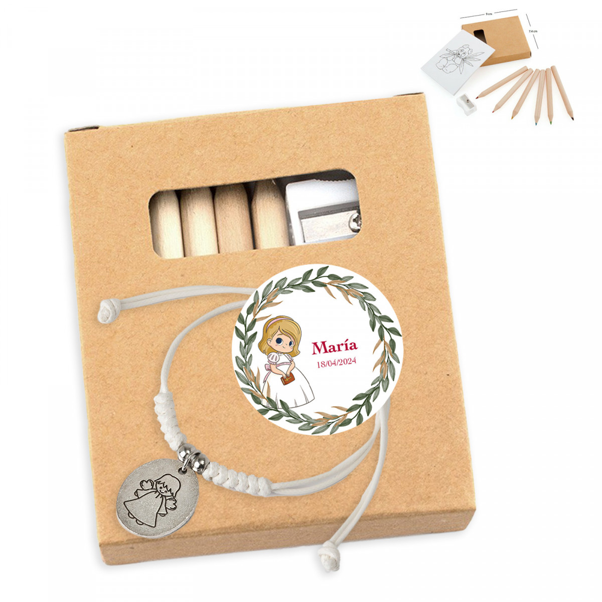 Caixa de lápis de cor personalizada e pulseira de comunhão para menina