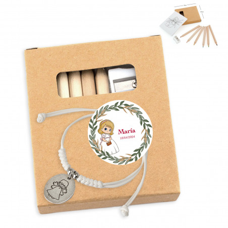 Caixa de lápis de cor personalizada e pulseira de comunhão para menina