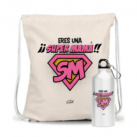 Garrafa super mom com mochila de tecido combinando