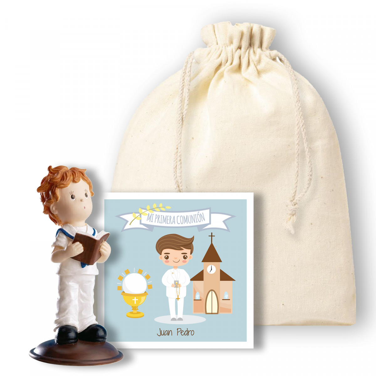 Figura de menino da comunhão em uma sacola de presente com um cartão personalizável