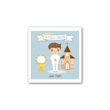 Figura de menino da comunhão em uma sacola de presente com um cartão personalizável