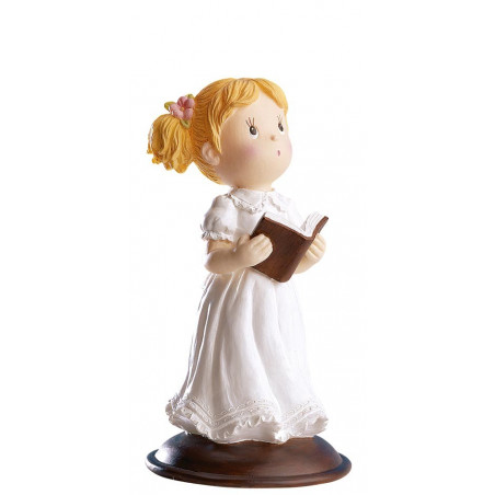 Figura de menina da comunhão em uma bolsa de pano com um cartão personalizável