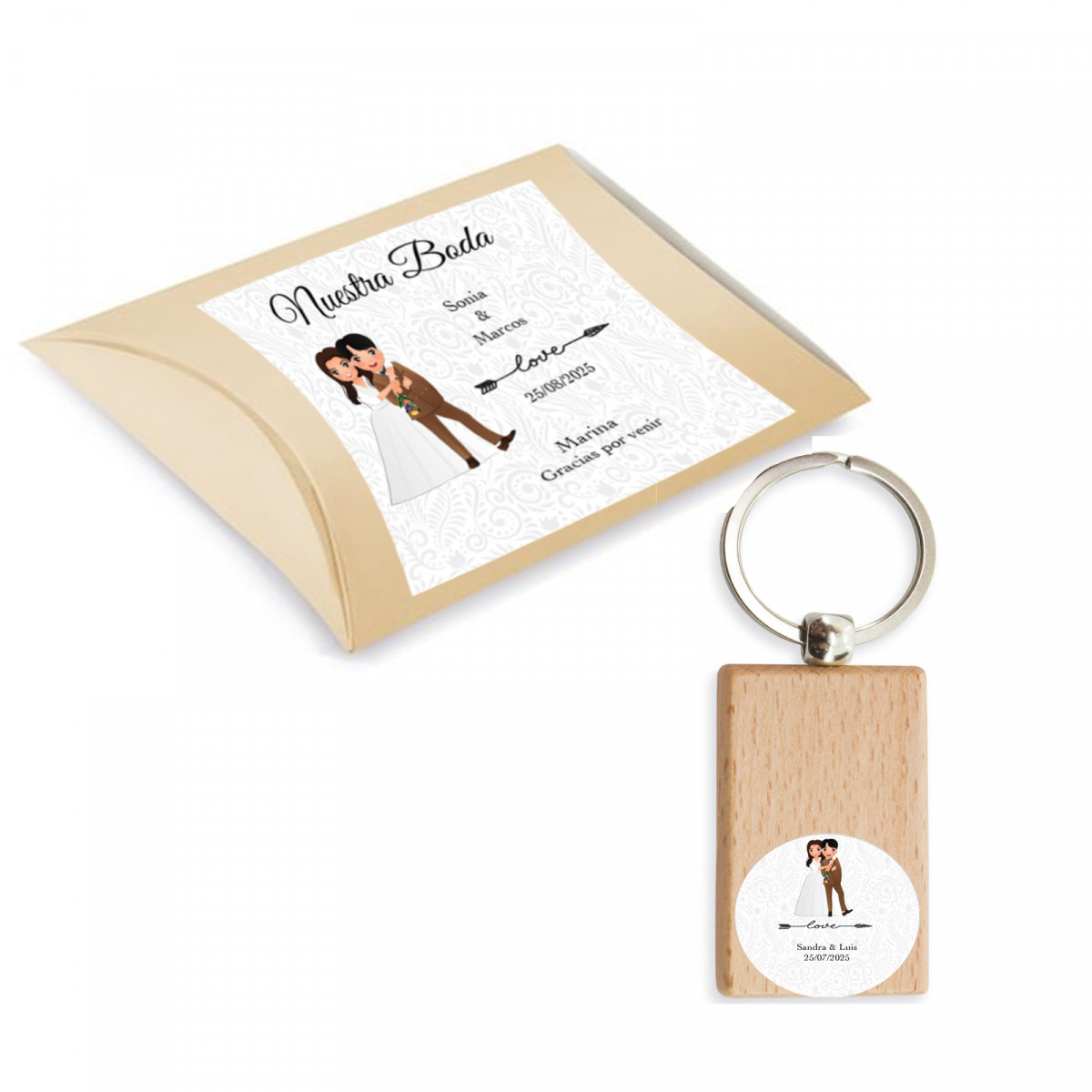 Chaveiro de madeira personalizado com adesivo e caixa para casamento