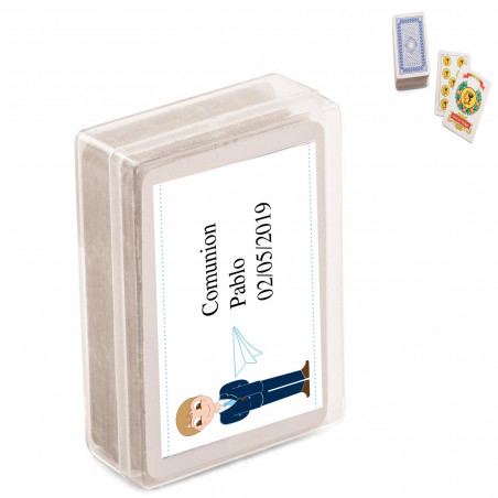 Mini baralho espanhol personalizado com adesivo de comunhão de menino