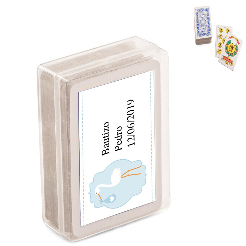 Mini baralho espanhol com adesivo de batizado de menino
