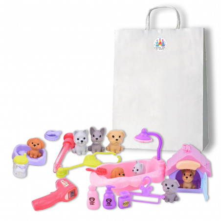 Brinquedos de cachorrinhos em bolsa de presente com adesivo
