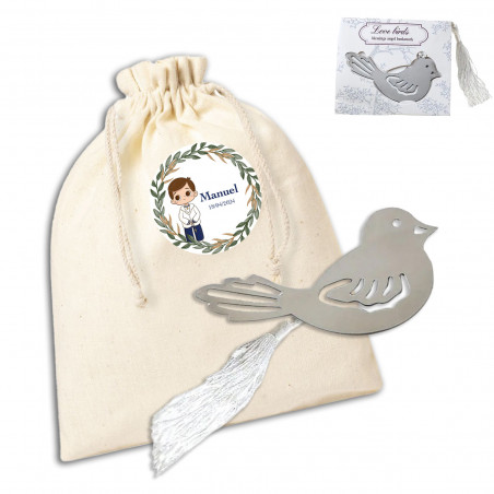 Marcador em forma de pássaro em saco de algodão com autocolante personalizado para comunhão
