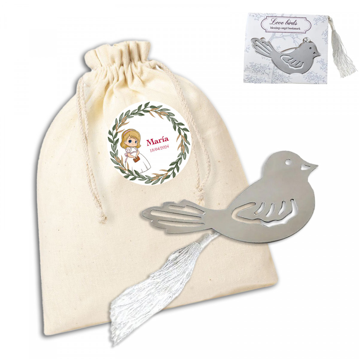 Ponta de página em forma de pássaro apresentada em saco branco personalizado para comunhão