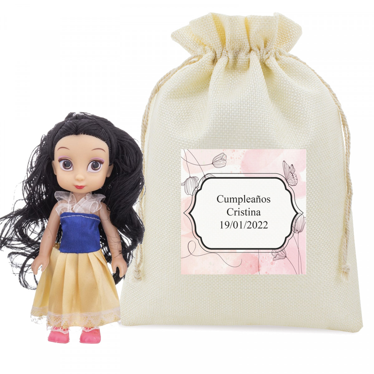 Boneca princesa em bolsa de pano com adesivo personalizado