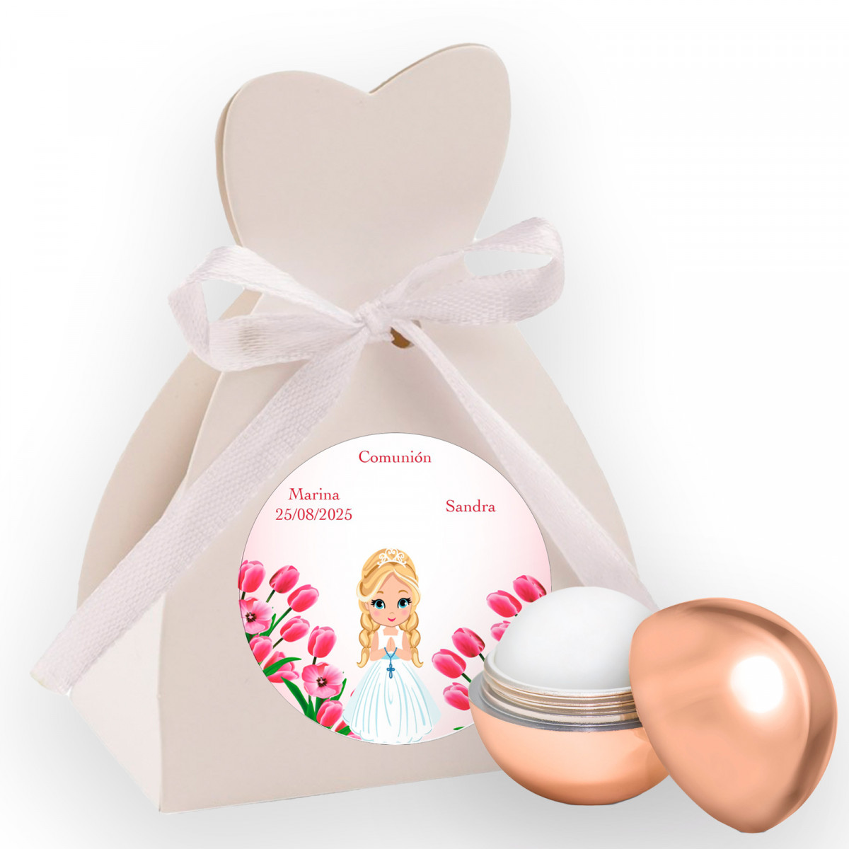 Esfera de cacau em caixa com adesivo personalizado para detalhes da comunhão da menina