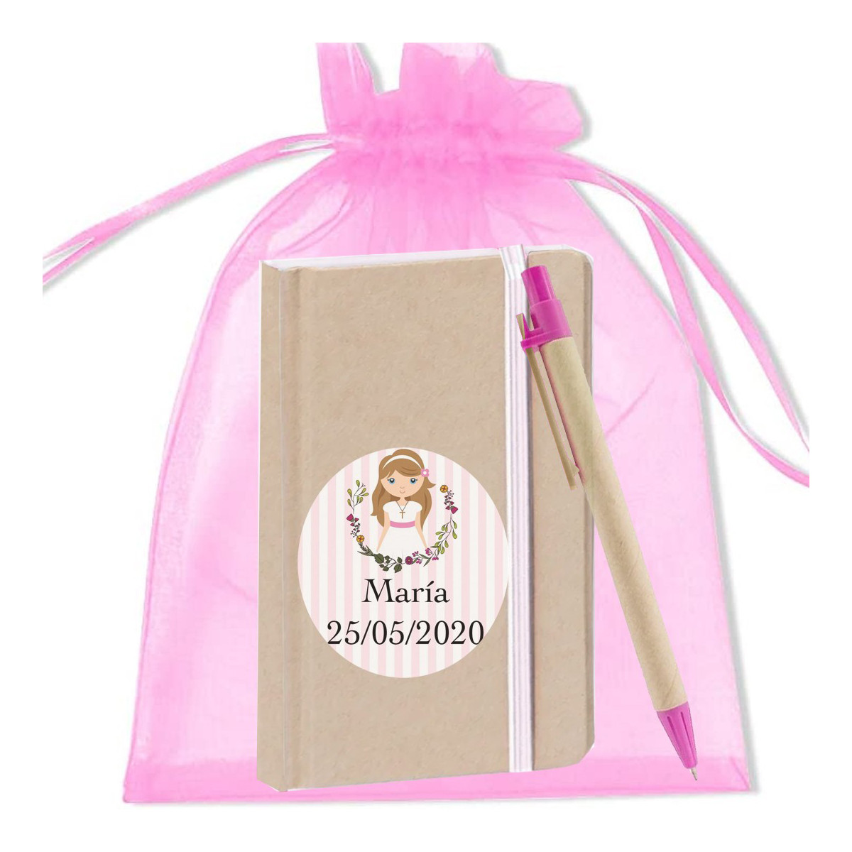 Caderno e caneta personalizada detalhes comunhão menina