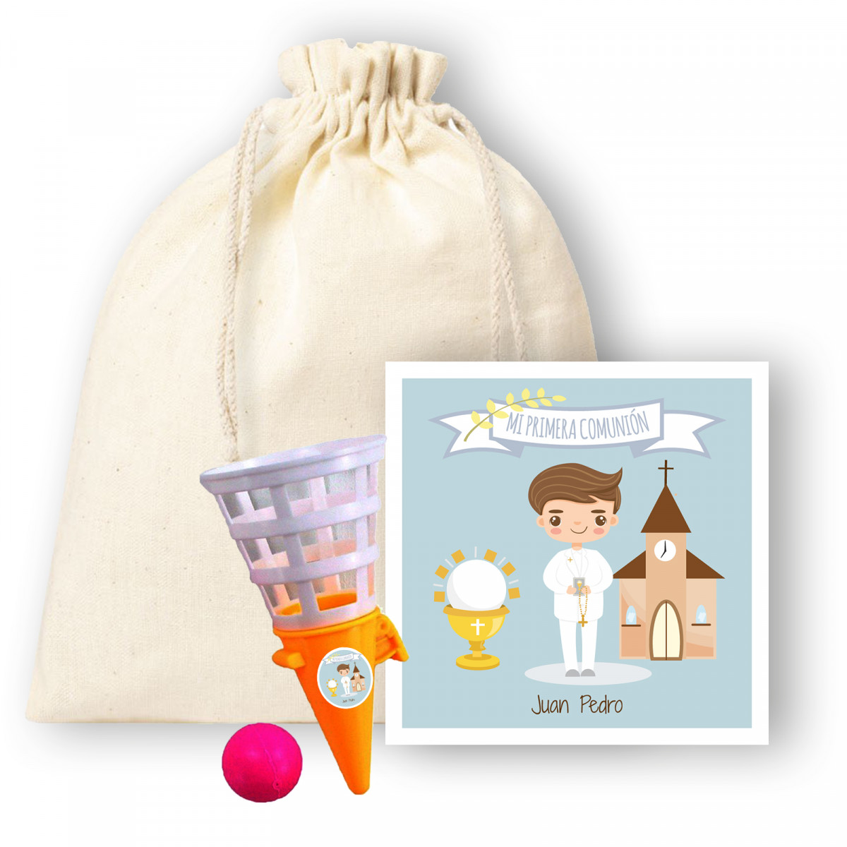 Bola de brinquedo com cartão de comunhão personalizável para menino em uma bolsa
