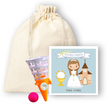 Bola de brinquedo com cartão de comunhão personalizável em bolsa de pano para menina