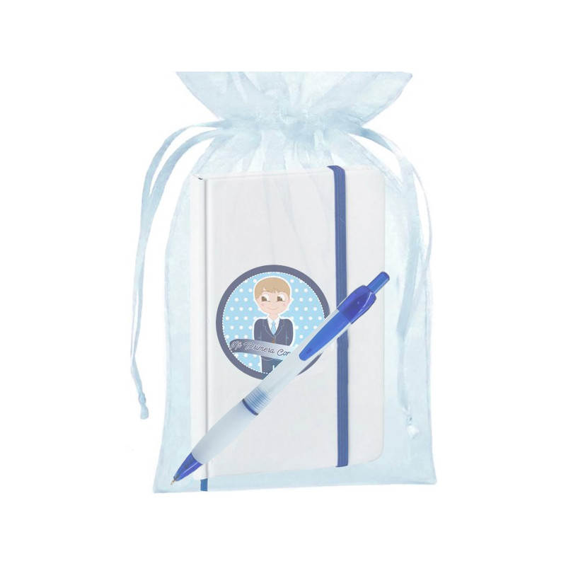 Caneta de comunhão menino com bolsa e caderno com adesivo