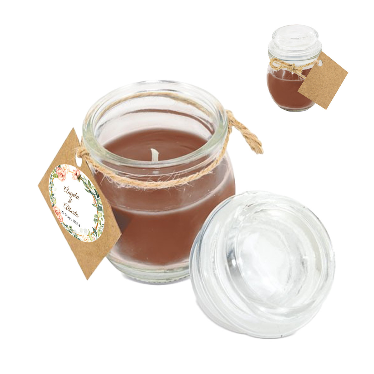 Vela perfumada com aroma de café e adesivo personalizado para eventos