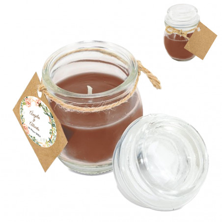 Vela perfumada com aroma de café e adesivo personalizado para eventos