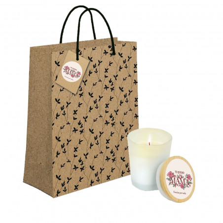 Vela perfumada com adesivo do Dia das Mães em uma sacola de presente