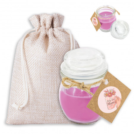 Vela perfumada com adesivo personalizado e saco de tecido para o dia das mães