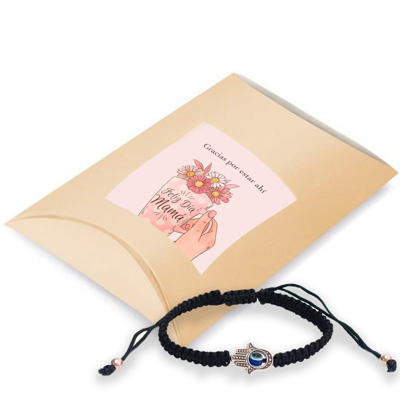 Pulseira mão de Fátima em caixinha com adesivo personalizado para detalhes do dia das mães