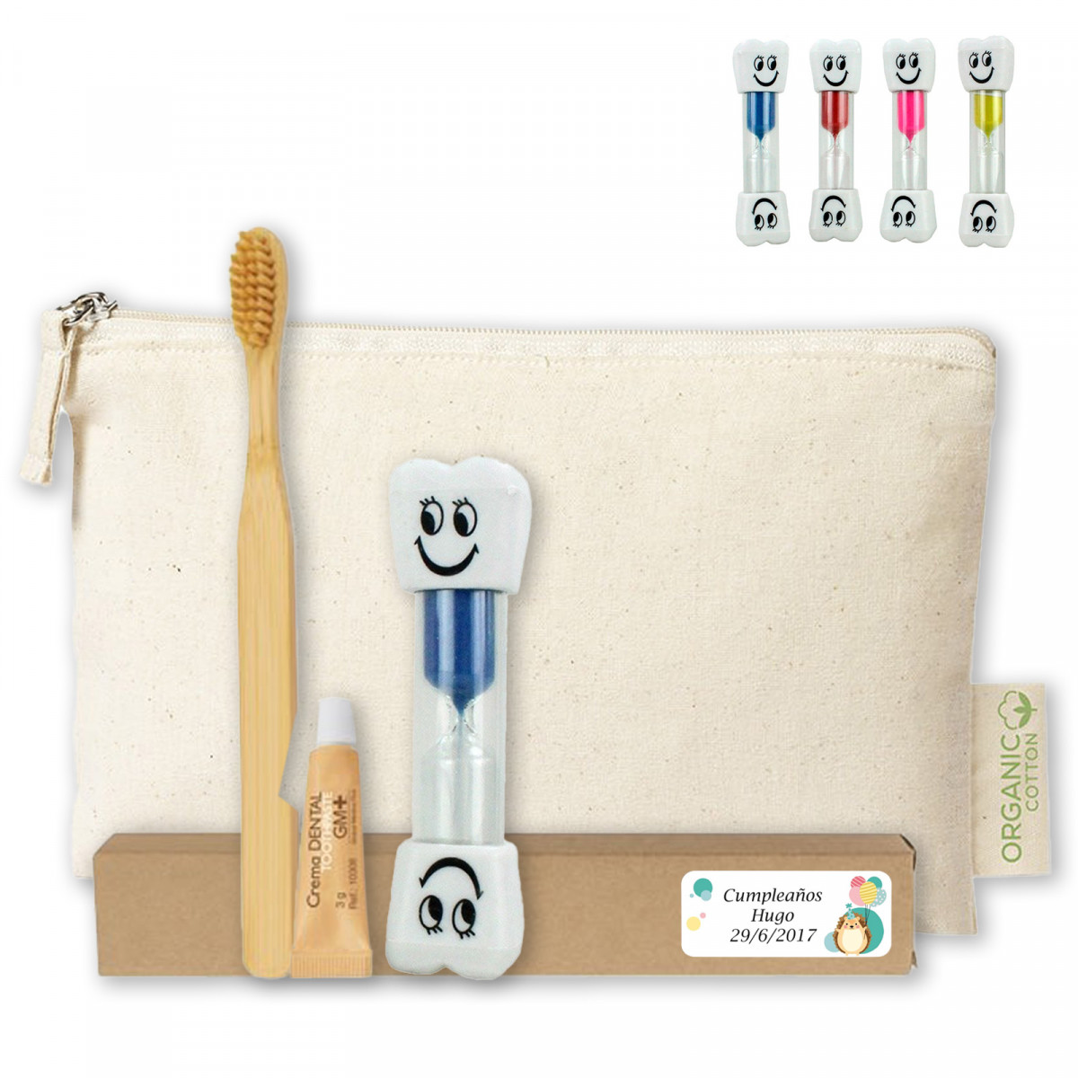 Escova de dentes de bambu com pasta de dentes e ampulheta em necessaire de algodão
